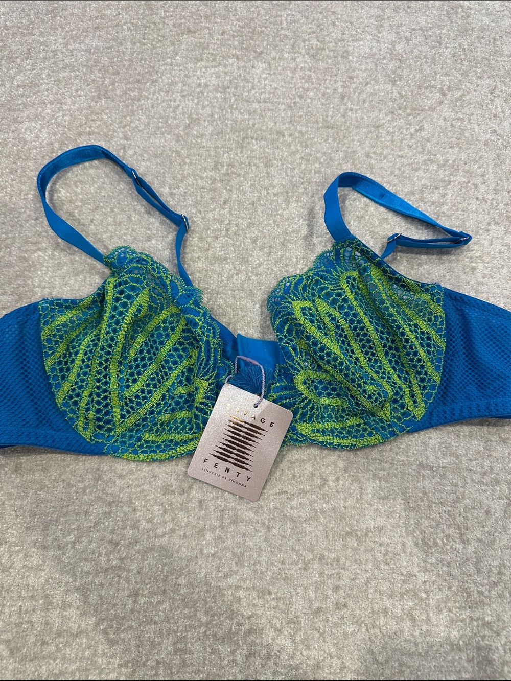 Fenty Beauty Teal Underwire Bra with Lime Lace Overlay